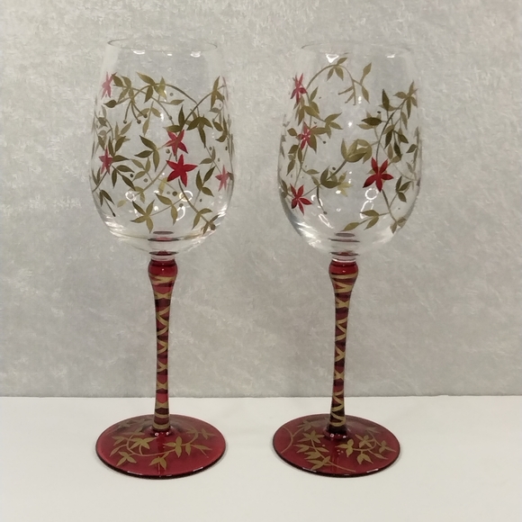 Pier 1 Dining Pier Hand Painted Wine Glass Lot Of 2 Red Gold Poshmark